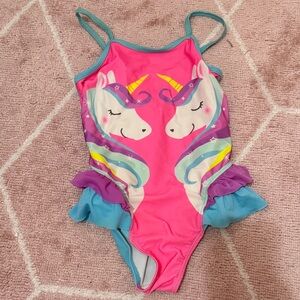 BOGO Girls Pink Unicorn One-Piece Swimsuit with Ruffle Skirt